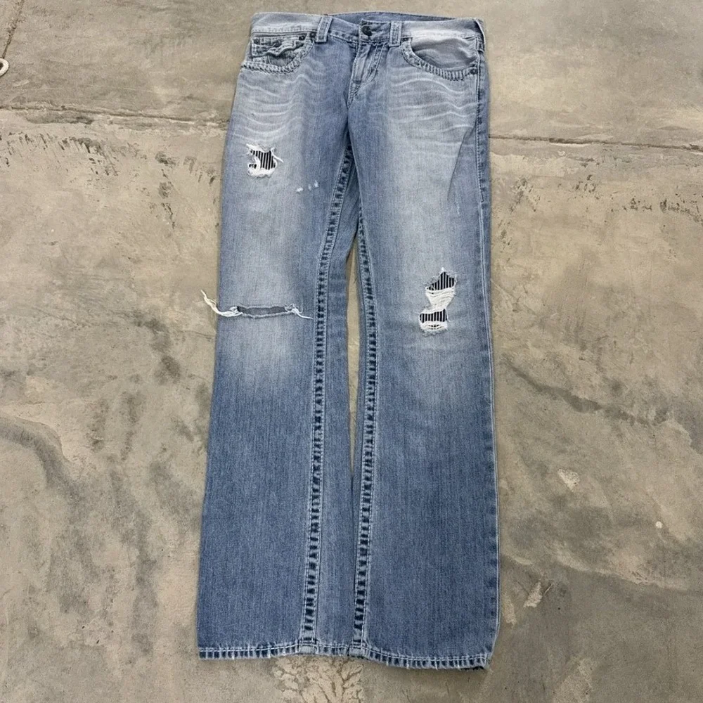 True Religion Ricky Straight Super T Distressed Light Wash Blue Jeans Mens